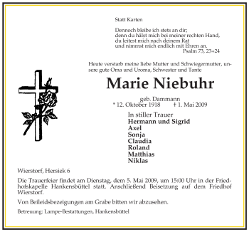 Traueranzeige von Marie Niebuhr von ALLGEMEINE ZEITUNG UELZEN