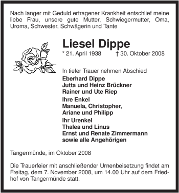 Traueranzeige von Liesel Dippe von ALLGEMEINE ZEITUNG UELZEN