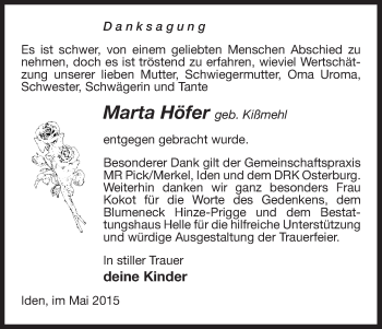 Traueranzeige von Marta Höfer von Uelzen