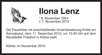 Traueranzeige von Ilona Lenz von ALLGEMEINE ZEITUNG UELZEN