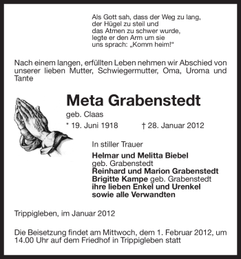 Traueranzeige von Meta Grabenstedt von ALLGEMEINE ZEITUNG UELZEN