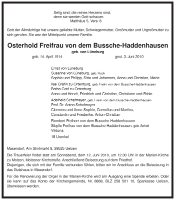 Traueranzeige von Osterhold Bussche-Haddenhausen von ALLGEMEINE ZEITUNG UELZEN