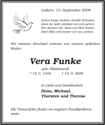 Traueranzeige von Vera Funke von ALLGEMEINE ZEITUNG UELZEN