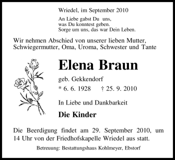Traueranzeige von Elena Braun von ALLGEMEINE ZEITUNG UELZEN