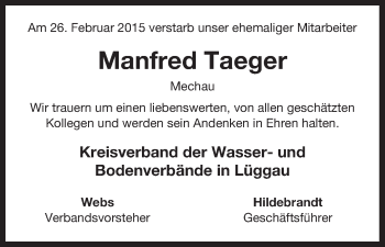 Traueranzeige von Manfred Taeger von Uelzen