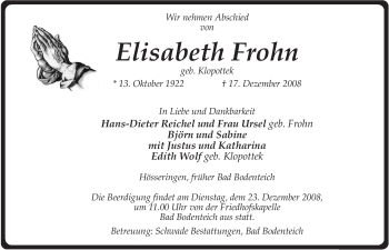 Traueranzeige von Elisabteh Frohn von ALLGEMEINE ZEITUNG UELZEN