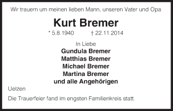 Traueranzeige von Kurt Bremer von Uelzen