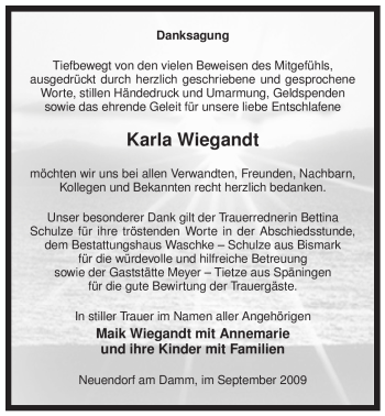 Traueranzeige von Karla Wiegandt von ALLGEMEINE ZEITUNG UELZEN