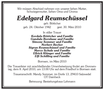 Traueranzeige von Edelgard Reumschüssel von ALLGEMEINE ZEITUNG UELZEN