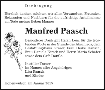 Traueranzeige von Manfred Paasch von Uelzen