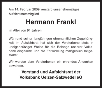 Traueranzeige von Hermann Frankl von ALLGEMEINE ZEITUNG UELZEN