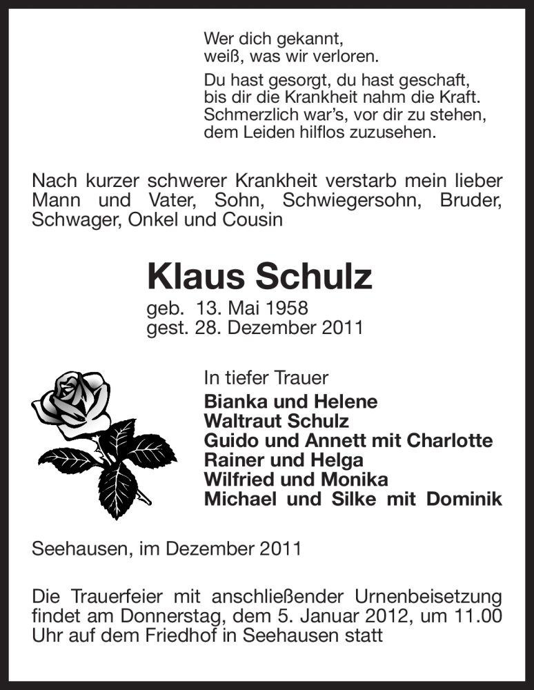  Traueranzeige für Klaus Schulz vom 29.12.2011 aus ALLGEMEINE ZEITUNG UELZEN