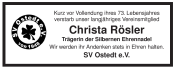 Traueranzeige von Christa Rösler von ALLGEMEINE ZEITUNG UELZEN