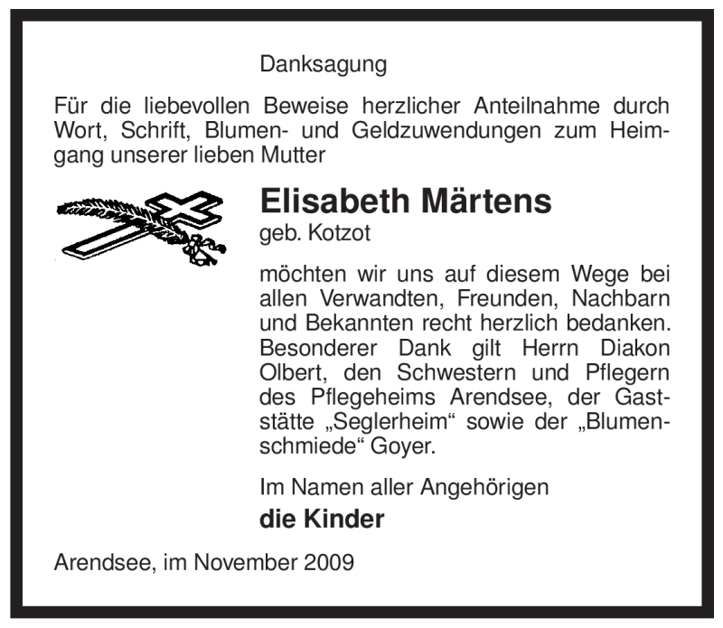  Traueranzeige für Elisabeth Märtens vom 10.11.2009 aus ALLGEMEINE ZEITUNG UELZEN