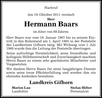 Traueranzeige von Hermann Baars von ALLGEMEINE ZEITUNG UELZEN