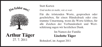 Traueranzeige von Arthur Täger von ALLGEMEINE ZEITUNG UELZEN