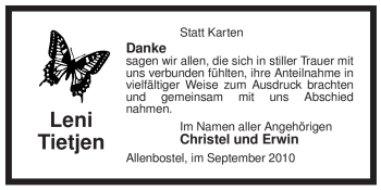 Traueranzeige von Leni Tietjen von ALLGEMEINE ZEITUNG UELZEN