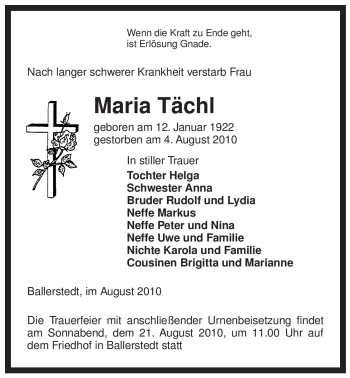 Traueranzeige von Maria Tächl von ALLGEMEINE ZEITUNG UELZEN