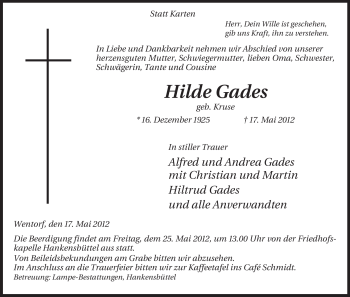 Traueranzeige von Hilde Gades von ALLGEMEINE ZEITUNG UELZEN