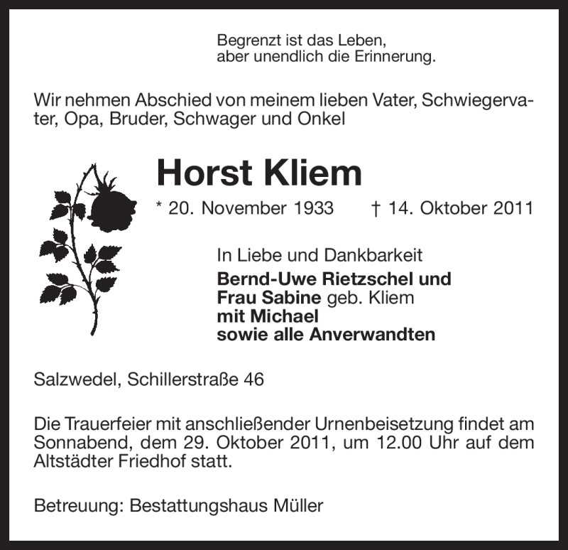  Traueranzeige für Horst Kliem vom 20.10.2011 aus ALLGEMEINE ZEITUNG UELZEN