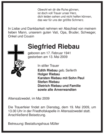 Traueranzeige von Siegfried Riebau von ALLGEMEINE ZEITUNG UELZEN