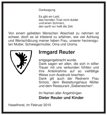 Traueranzeige von Irmgard Reuter von ALLGEMEINE ZEITUNG UELZEN