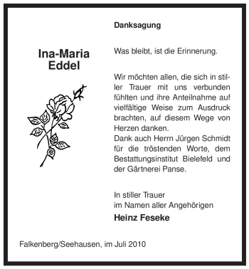 Traueranzeige von Ina-Maria Eddel von ALLGEMEINE ZEITUNG UELZEN