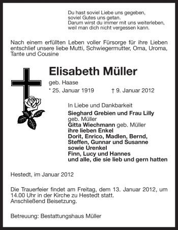 Traueranzeige von Elisabeth Müller von ALLGEMEINE ZEITUNG UELZEN