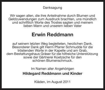 Traueranzeige von Erwin Reddmann von ALLGEMEINE ZEITUNG UELZEN