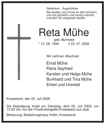 Traueranzeige von Reta Mühe von ALLGEMEINE ZEITUNG UELZEN