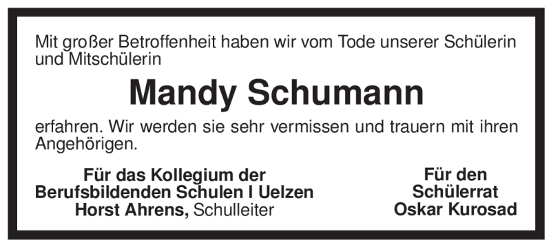  Traueranzeige für Mandy Schumann vom 18.02.2010 aus ALLGEMEINE ZEITUNG UELZEN