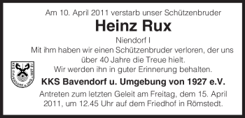 Traueranzeige von Heinz Rux von ALLGEMEINE ZEITUNG UELZEN