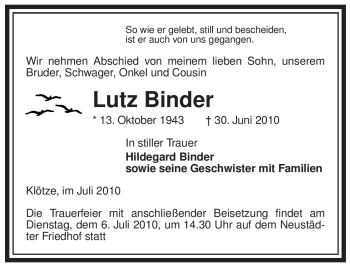 Traueranzeige von Lutz Binder von ALLGEMEINE ZEITUNG UELZEN