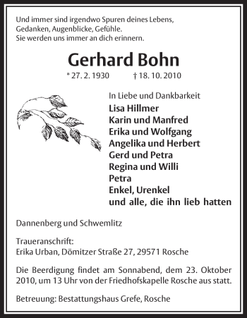 Traueranzeige von Gerhard Bohn von ALLGEMEINE ZEITUNG UELZEN