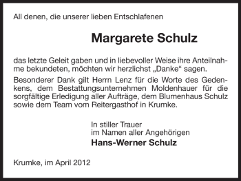 Traueranzeige von Margarete Schulz von ALLGEMEINE ZEITUNG UELZEN