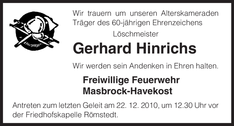  Traueranzeige für Gerhard Hinrichs vom 21.12.2010 aus ALLGEMEINE ZEITUNG UELZEN