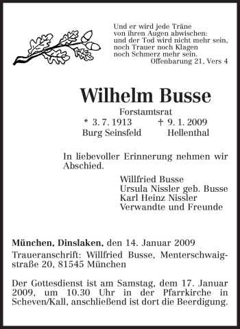 Traueranzeige von Wilhelm Busse von ALLGEMEINE ZEITUNG UELZEN