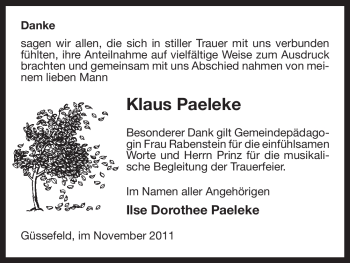 Traueranzeige von Klaus Paeleke von ALLGEMEINE ZEITUNG UELZEN