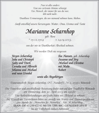 Traueranzeige von Marianne Scharnhop von Uelzen