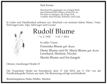 Traueranzeige von Rudolf Blume von ALLGEMEINE ZEITUNG UELZEN
