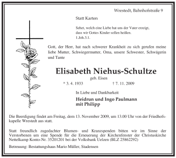 Traueranzeige von Elisabeth Niehus-Schultze von ALLGEMEINE ZEITUNG UELZEN