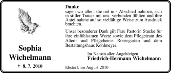 Traueranzeige von Spohia Wichelmann von ALLGEMEINE ZEITUNG UELZEN