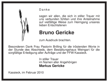 Traueranzeige von Bruno Gericke von ALLGEMEINE ZEITUNG UELZEN