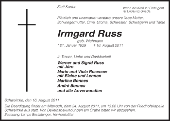 Traueranzeige von Irmgard Russ von ALLGEMEINE ZEITUNG UELZEN