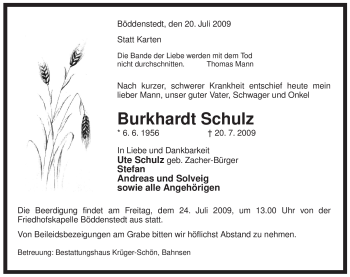 Traueranzeige von Burkhardt Schulz von ALLGEMEINE ZEITUNG UELZEN
