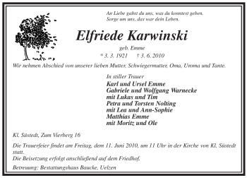 Traueranzeige von Elfriede Karwinski von ALLGEMEINE ZEITUNG UELZEN