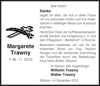 Traueranzeige von Margarete Trawny von ALLGEMEINE ZEITUNG UELZEN