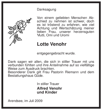 Traueranzeige von Lotte Venohr von ALLGEMEINE ZEITUNG UELZEN
