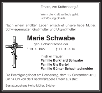 Traueranzeige von Marie Schwabe von ALLGEMEINE ZEITUNG UELZEN