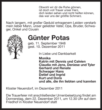 Traueranzeige von Günter Potas von ALLGEMEINE ZEITUNG UELZEN